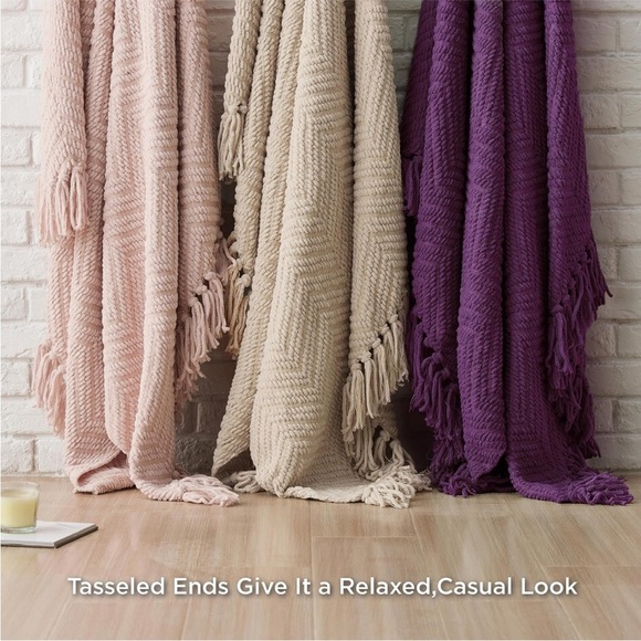 West Elm Purple Chevron Tassel Fringe Blanket Fall Winter for Couch/Bed/Gift - Picture 5 of 14
